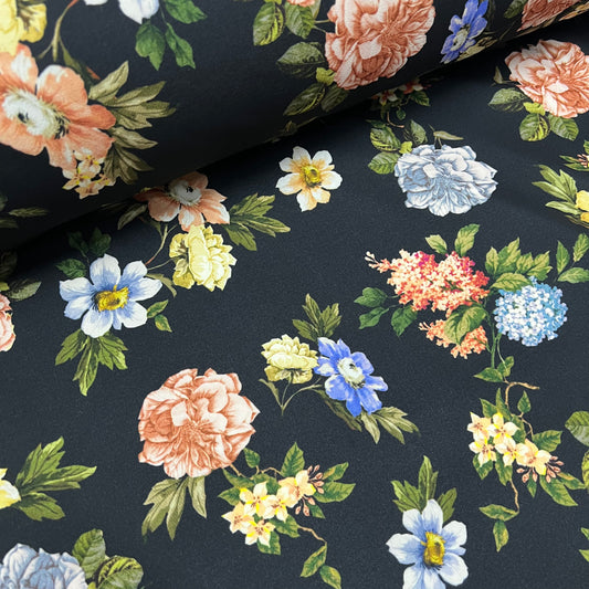 Scuba Crepe Stretch Jersey Fabric (58 Inches) - Floral Multi Coloured Black Per Metre