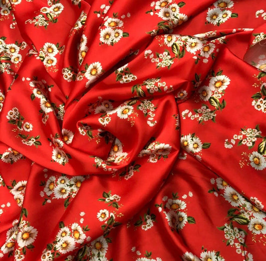 Satin Fabric (58 Inches) - Red Floral Print Per Metre