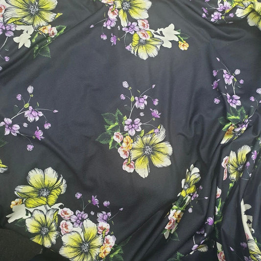 Spun Poly Polyester Soft Handled Jersey Fabric (58 Inches) - Floral Black Print Per Metre