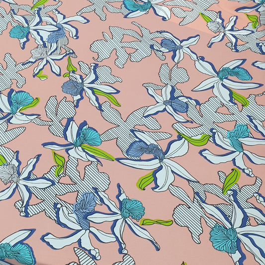 Chirimen Crepe De Chine Fabric (58 Inches) - Salmon Lily Floral Per Metre