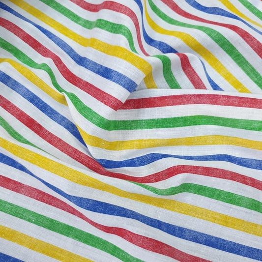 Poly Cotton Stripes Fabric (45 Inches) - White Multi Colour Per Metre