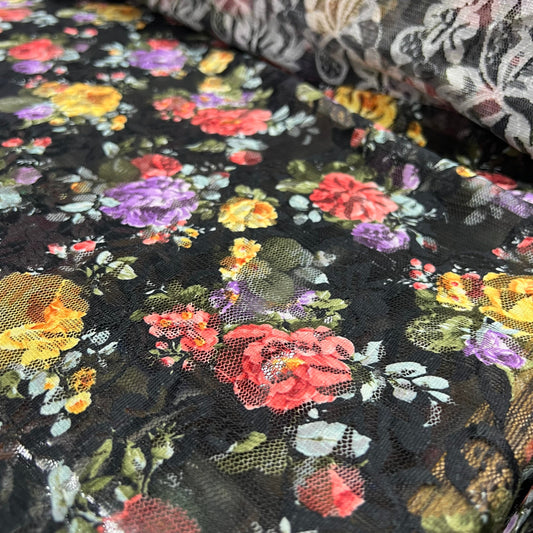 Power Mesh Net Fabric (58 Inches) - Black Multi Coloured Floral Per Metre