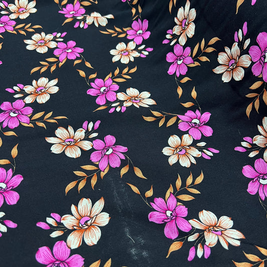 Soft Cotton Viscose Fabric (58 Inches) - Pink Black Print Floral Per Metre