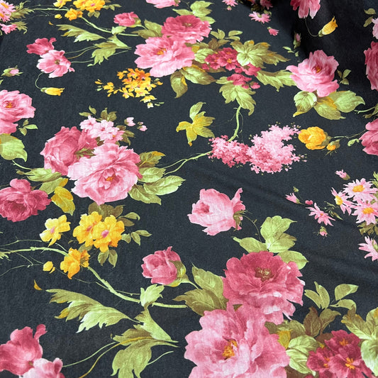 Spun Poly Polyester Soft Handled Jersey Fabric (58 Inches) - Black Floral Per Metre