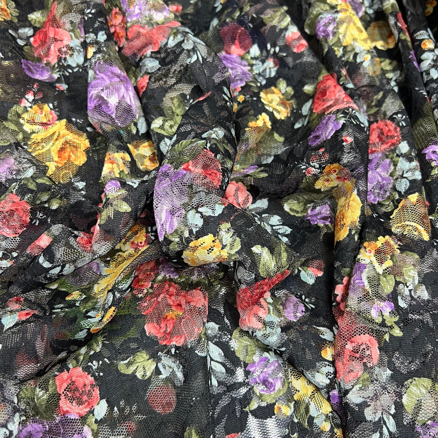 Power Mesh Net Fabric (58 Inches) - Black Multi Coloured Floral Per Metre