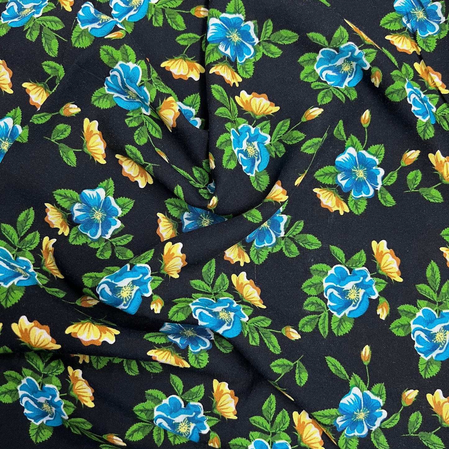 Soft Cotton Viscose Fabric (58 Inches) - Floral Black Green Blue Print Per Metre