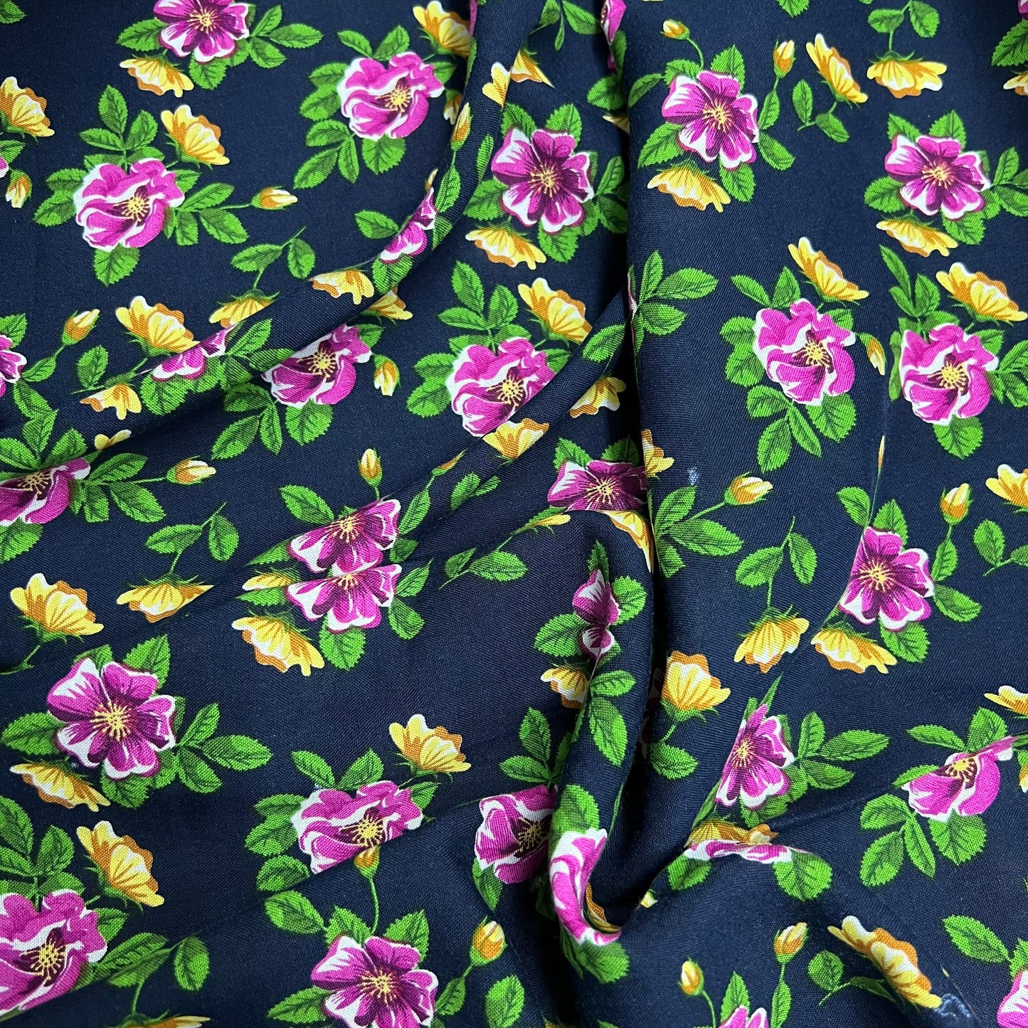 Soft Cotton Viscose Fabric (58 Inches) - Print Floral Navy Green Pink Per Metre