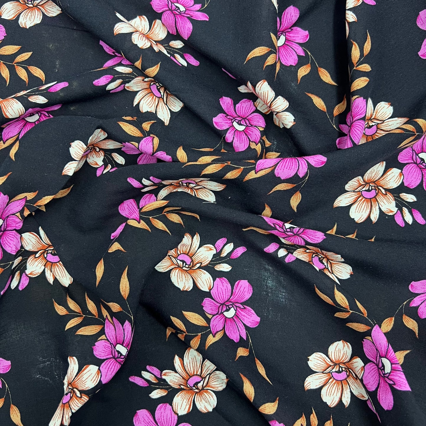 Soft Cotton Viscose Fabric (58 Inches) - Pink Black Print Floral Per Metre