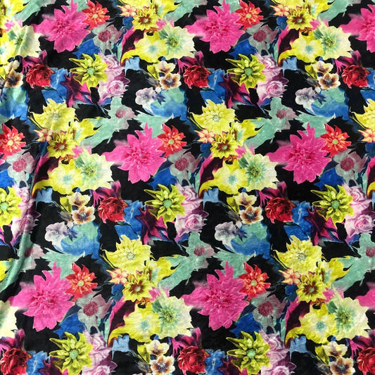 Soft Stretch Jersey With Velour Brush Finish Fabric (58 Inches) - Black Multi Coloured Floral 150cm Per Metre