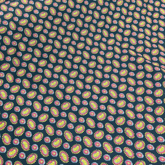 Satin Fabric (44 Inches) - Paisley Circles Navy Blue Print Per Metre