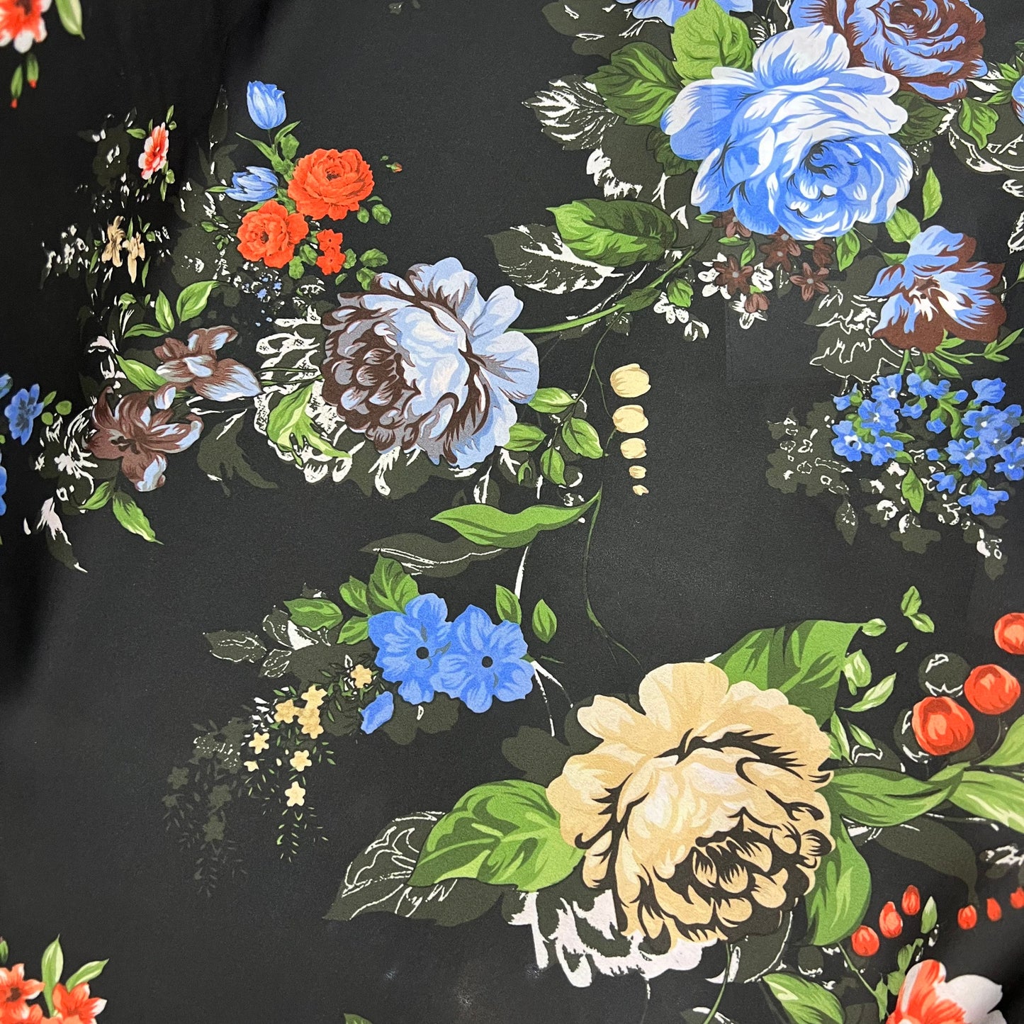Chirimen Crepe De Chine Fabric (58 Inches) - Black Multi Colour Floral Per Metre