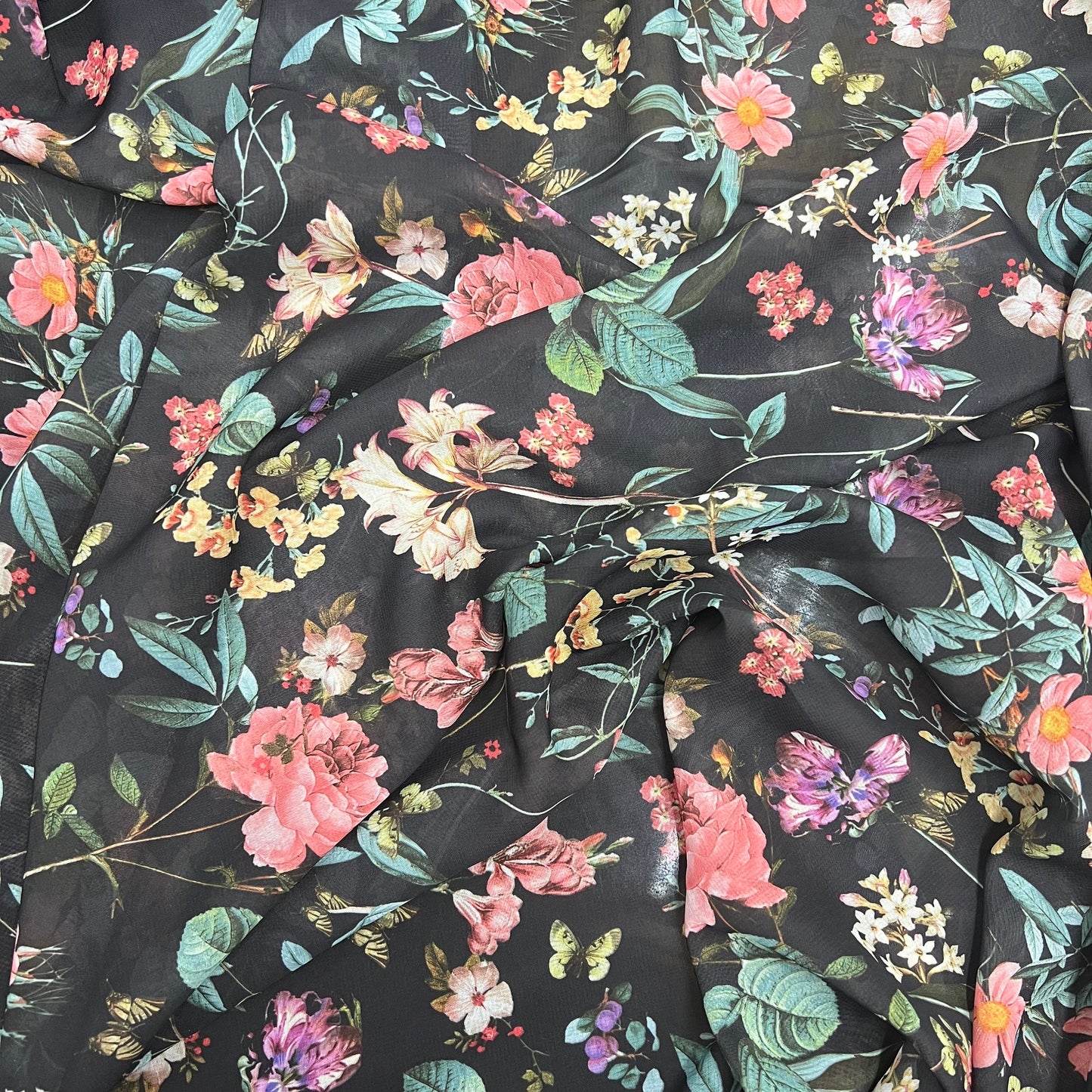 Floral Chiffon Fabric (58 Inches) - Multi Coloured Black Per Metre