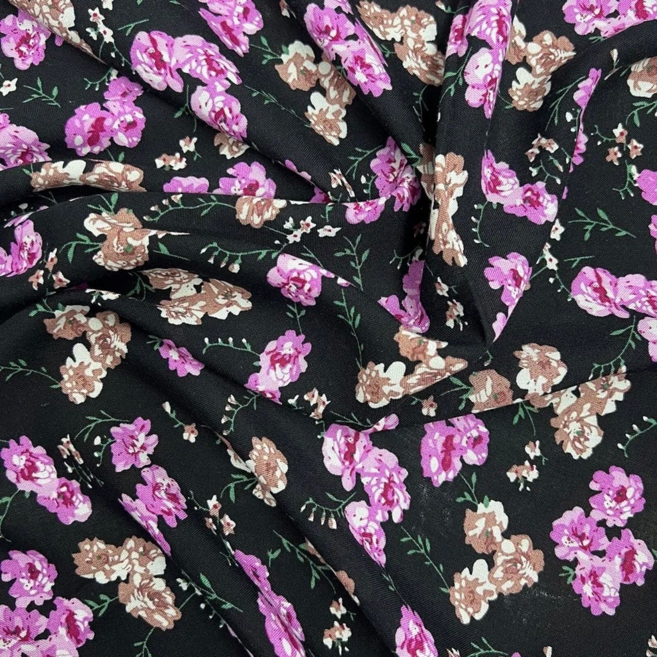 Soft Cotton Viscose Fabric (58 Inches) - Black Pink Print Floral Per Metre