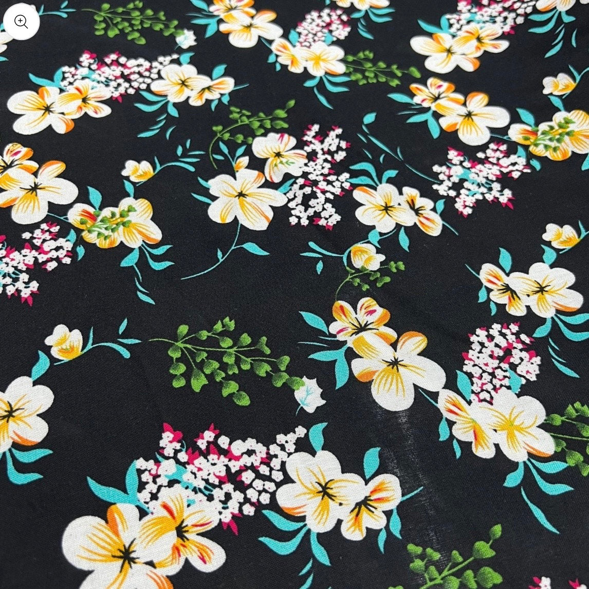 Soft Cotton Viscose Fabric (58 Inches) - Black Floral Print Per Metre