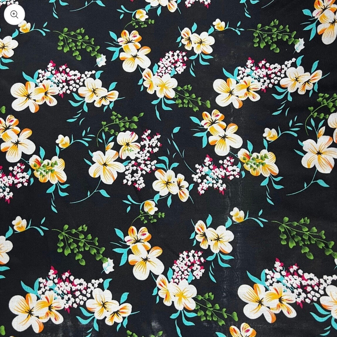 Soft Cotton Viscose Fabric (58 Inches) - Black Floral Print Per Metre