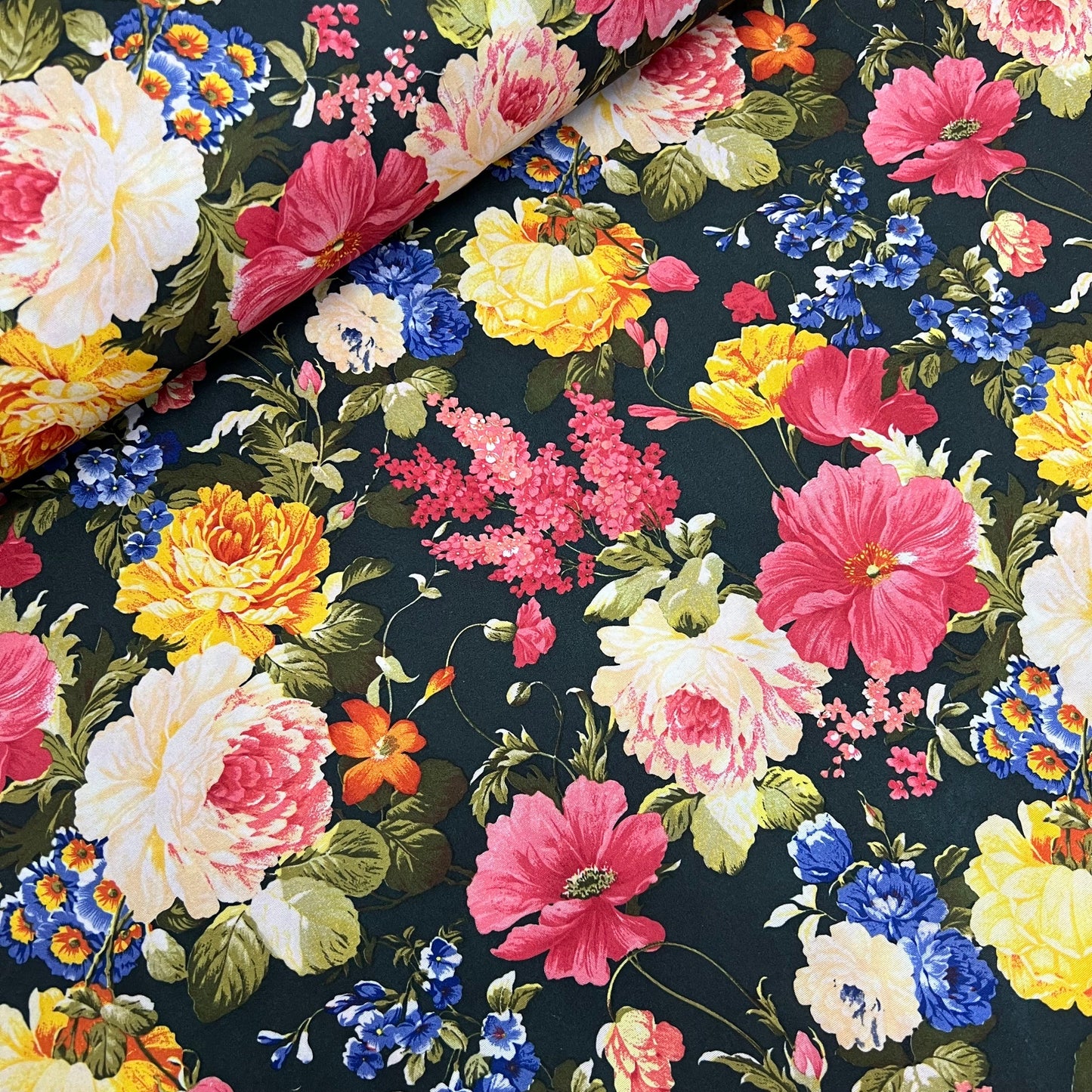 Powder Touch Fabric (58 Inches) - Multi Coloured Black Floral Print Per Metre