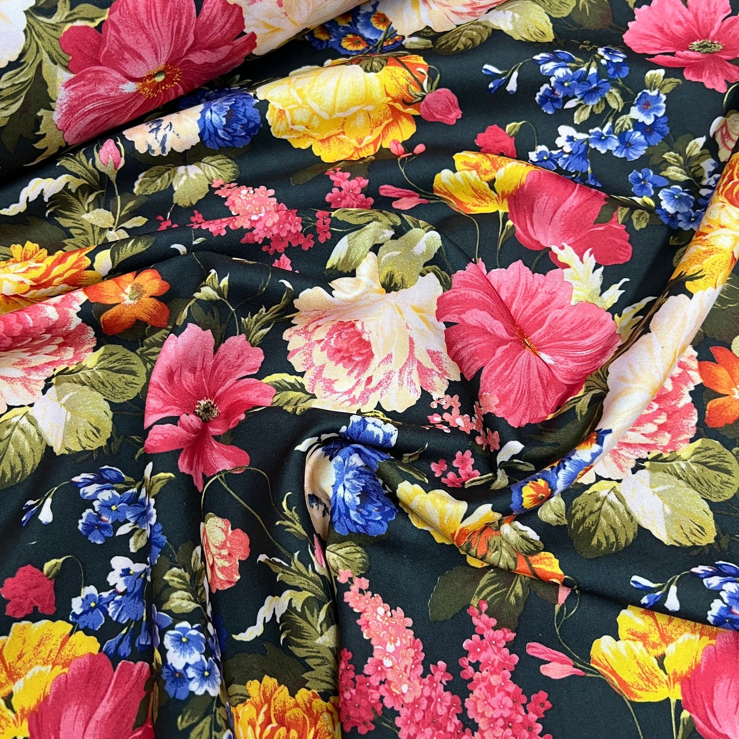 Powder Touch Fabric (58 Inches) - Multi Coloured Black Floral Print Per Metre