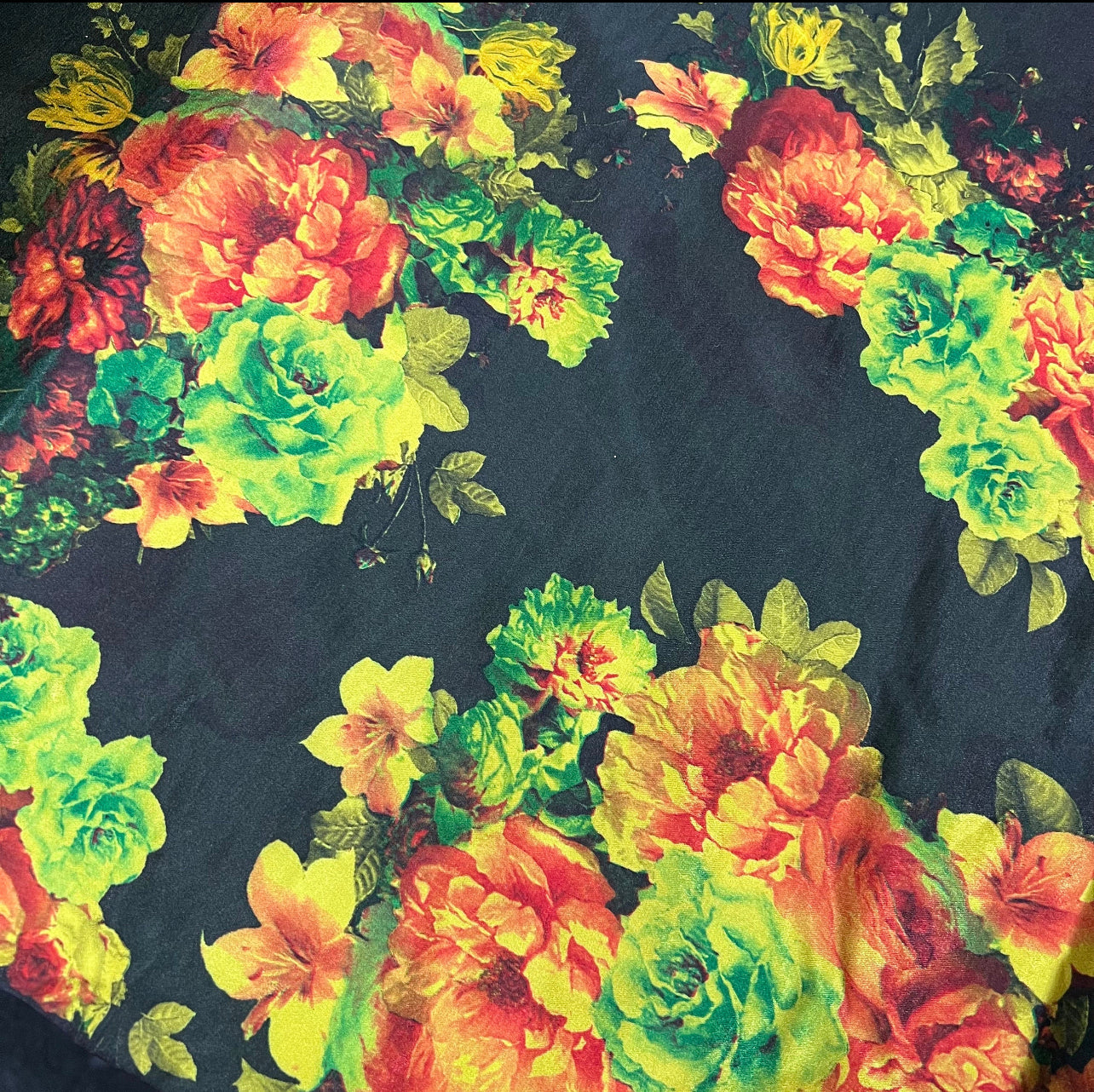 Satin Fabric (58 Inches) - Black Floral Bright Multi Coloured Print Per Metre