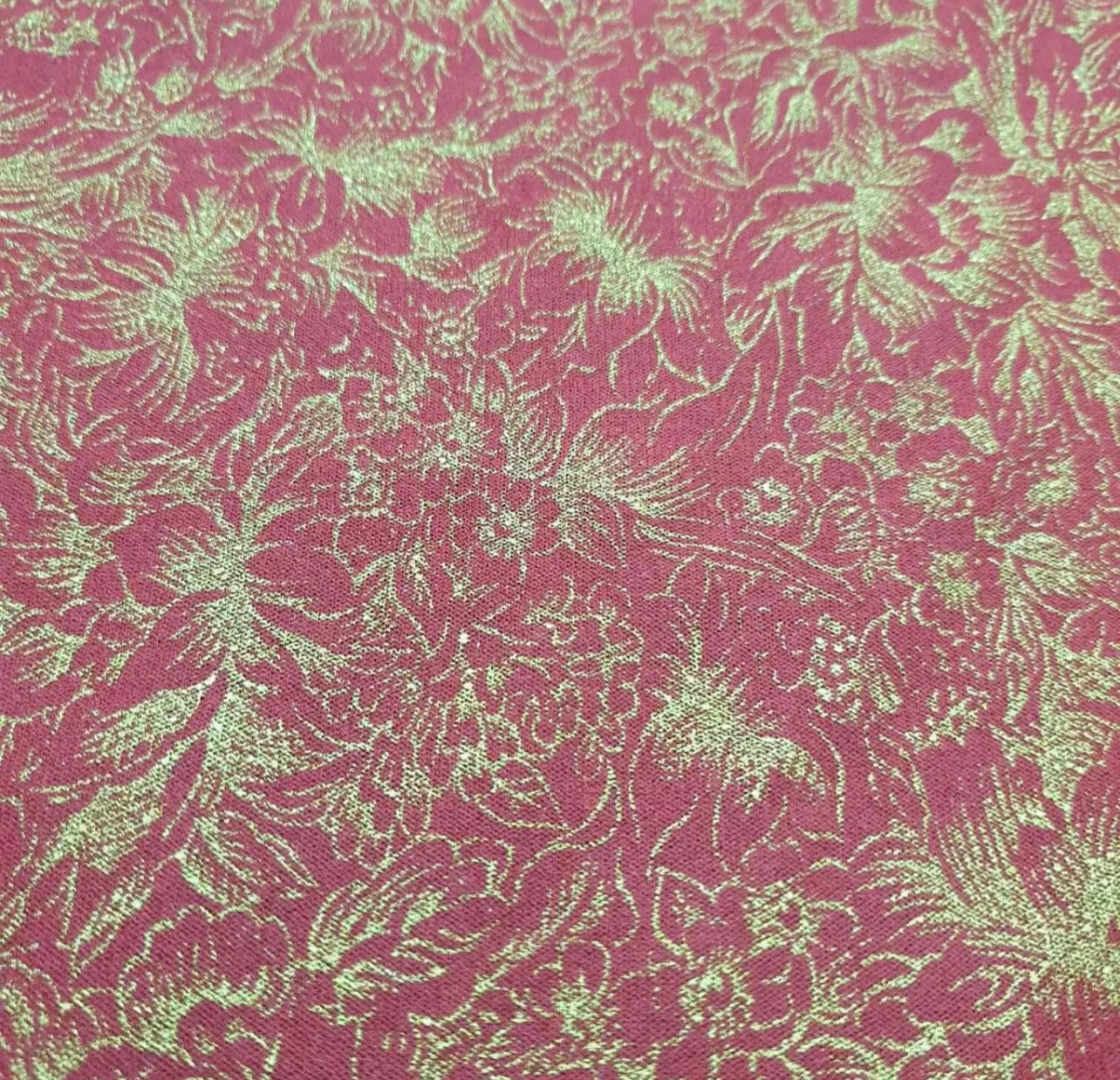 Power Mesh Net Fabric (58 Inches) - Red With Gold Floral Foil Print Per Metre
