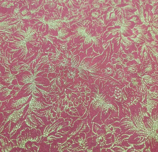 Power Mesh Net Fabric (58 Inches) - Red With Gold Floral Foil Print Per Metre